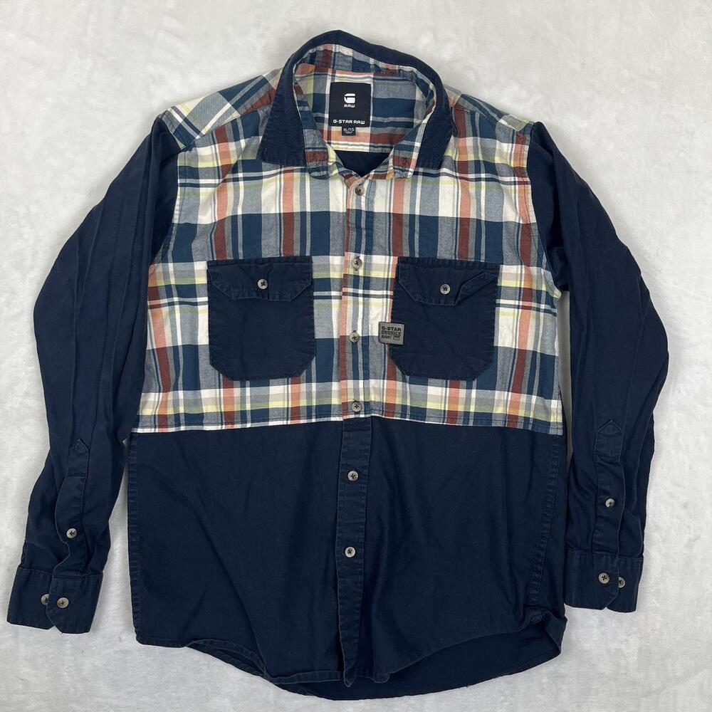 G-Star RAW Shirt Mens XL Blue Plaid Colorblock Long Sleeve Button Front Casual